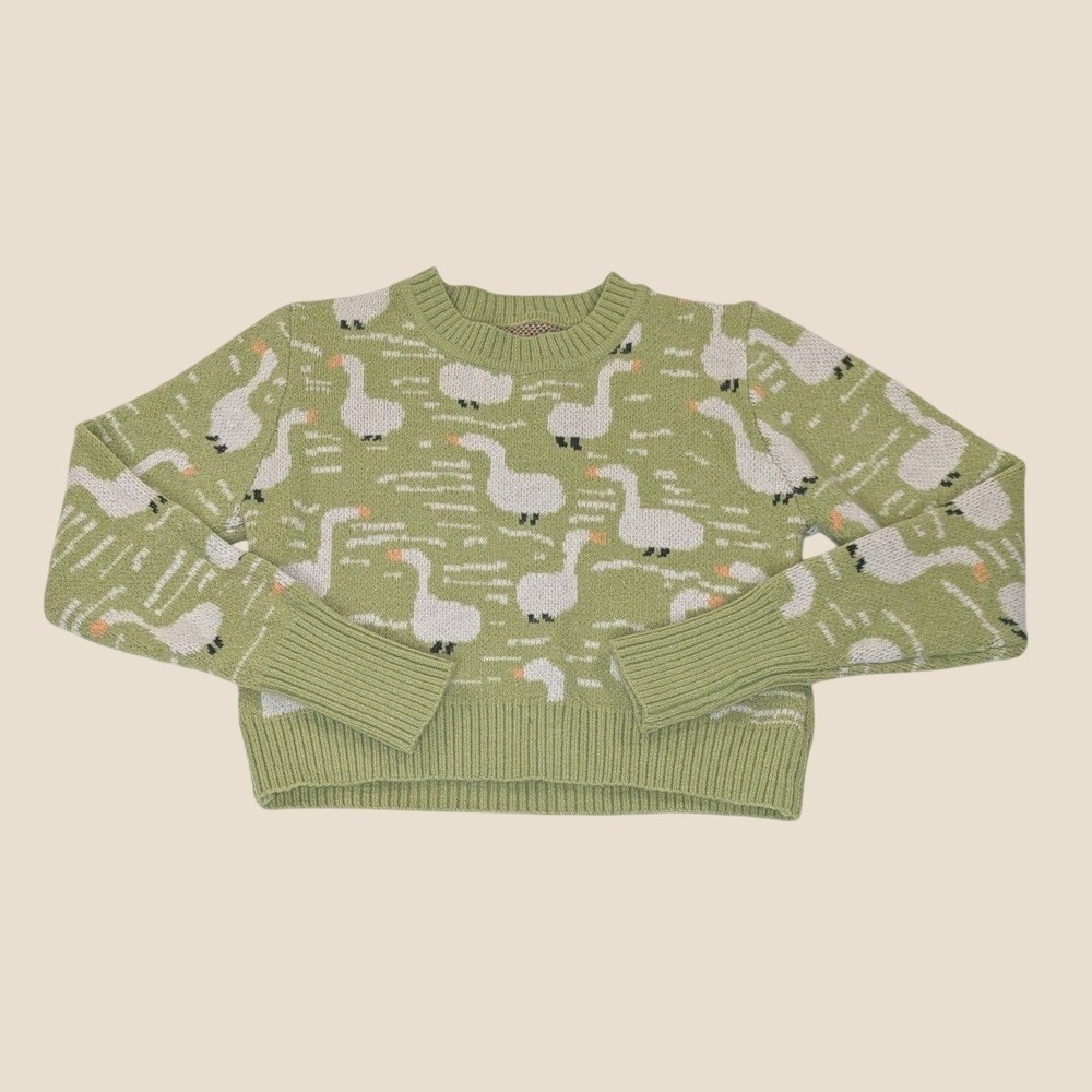 Cider Goose Knit Sweater XL Green Cropped Cottagecore Animal Print Novelty Top - Picture 5 of 12